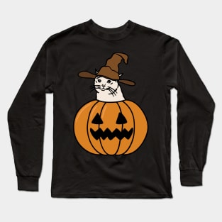 Crying Cat Meme In Pumpkin For Halloween Long Sleeve T-Shirt